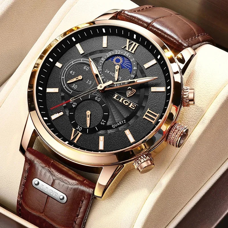 LIGE-Relógio de quartzo de couro de luxo masculino com caixa, impermeável, relógio, casual, marca de topo, novo, 2022