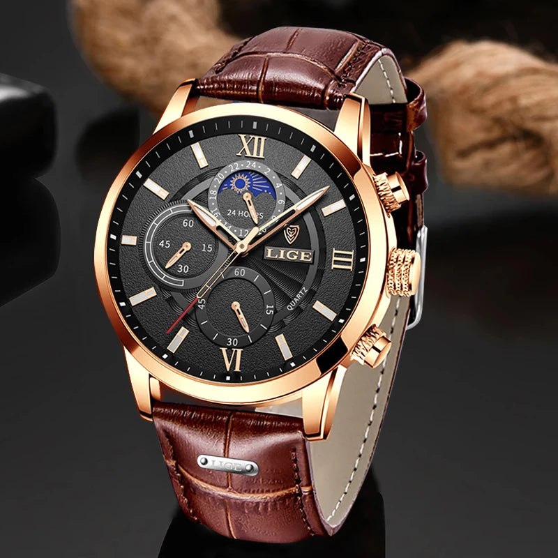 LIGE-Relógio de quartzo de couro de luxo masculino com caixa, impermeável, relógio, casual, marca de topo, novo, 2022